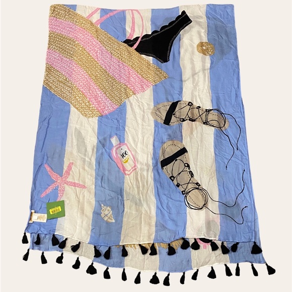 Kate Spade Beach Towel Themed Oblong Fashion Scarf with Tassels 80 x 30 NWT - Picture 7 of 10